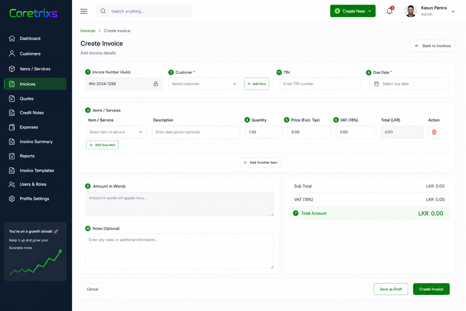Coretrixs create invoice screen